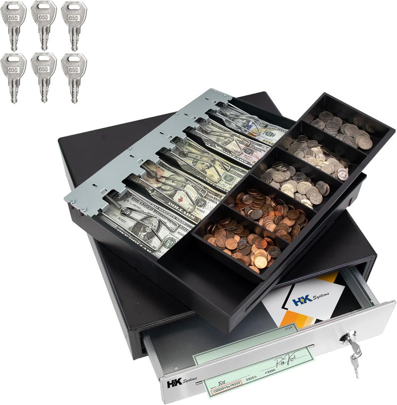 HK SYSTEMS 16inch "Stainless Steel" Front Heavy Duty Black POS Cash Drawer with 5Bill/5Coin - Image 2